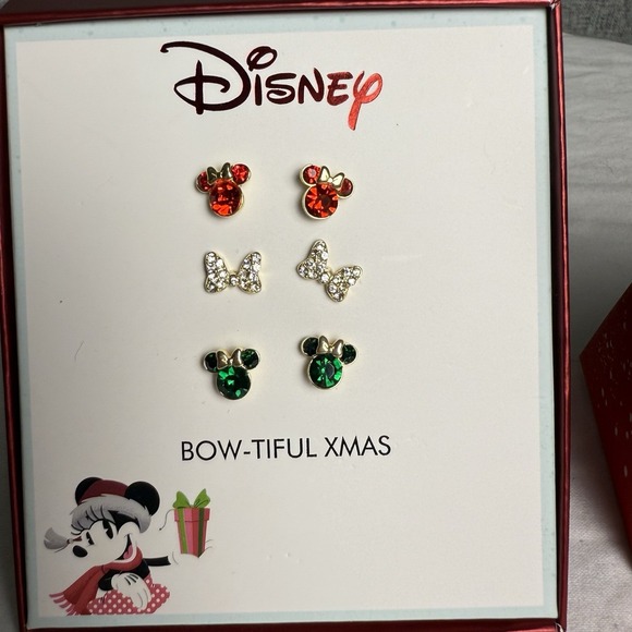 Disney Jewelry - Disney Christmas Holiday Earring Set of 3 - Bows, Red, Green Mickey Minnie Studs